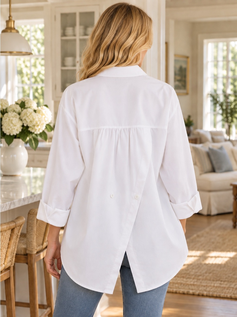 Oversized White Button Down Shirt Split Back Blouse